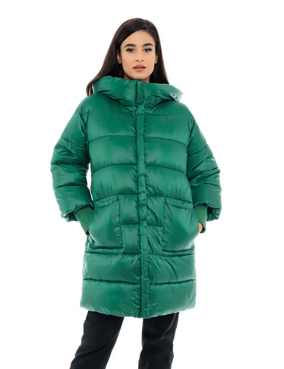 Splendid fashion γυναικείο μακρύ μπουφάν με ψηλό γιακά 48-101-018 GREEN