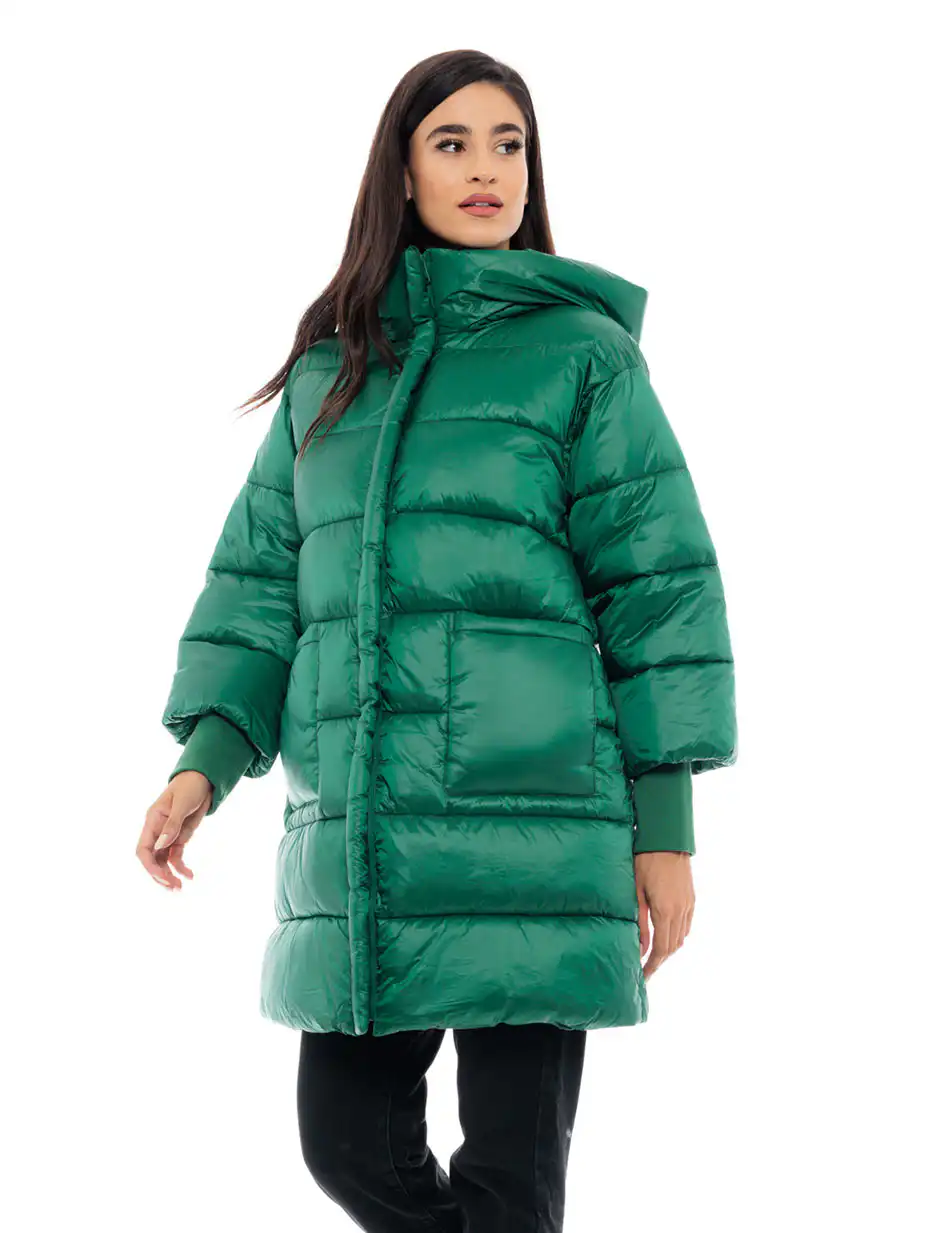 Splendid fashion γυναικείο μακρύ μπουφάν με ψηλό γιακά 48-101-018 GREEN