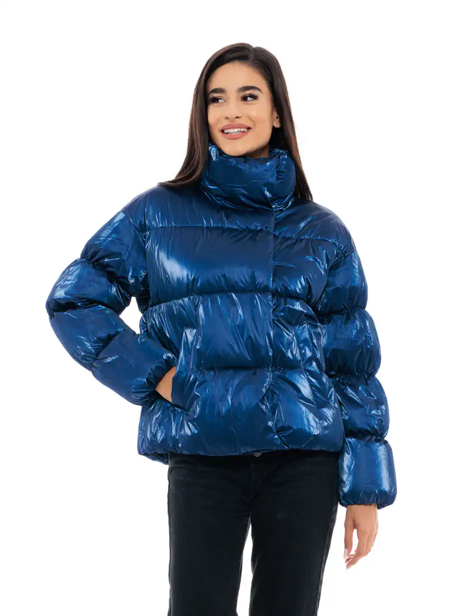 Biston fashion γυναικείο κοντό μπουφάν με ψηλό γιακά 48-101-024 BLUE