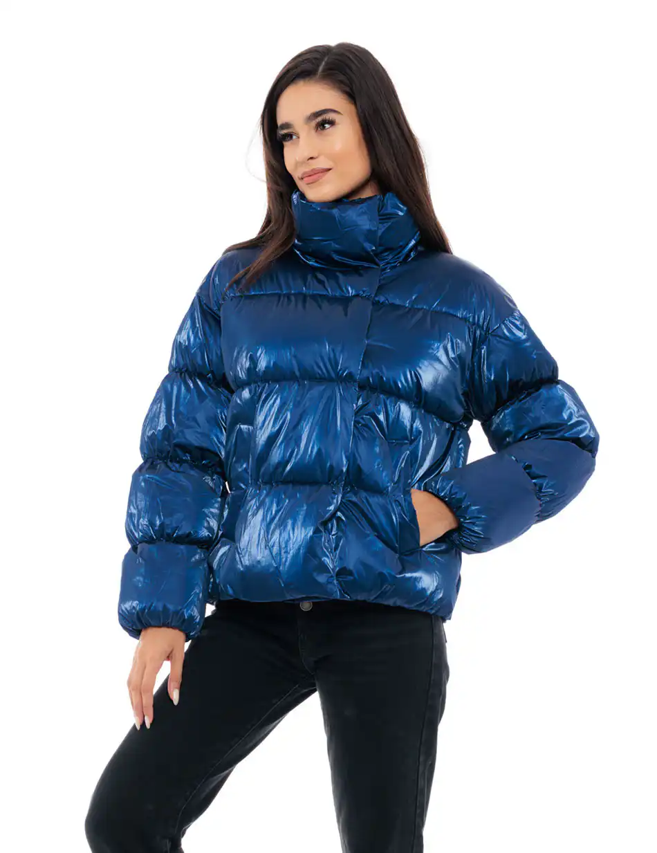 Biston fashion γυναικείο κοντό μπουφάν με ψηλό γιακά 48-101-024 BLUE