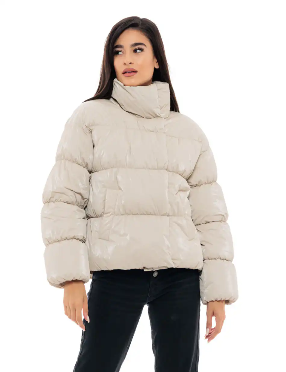 Biston fashion γυναικείο κοντό μπουφάν με ψηλό γιακά 48-101-024 BEIGE