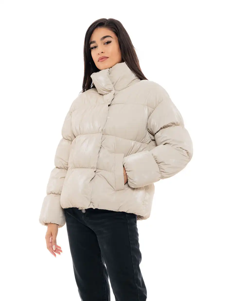 Biston fashion γυναικείο κοντό μπουφάν με ψηλό γιακά 48-101-024 BEIGE