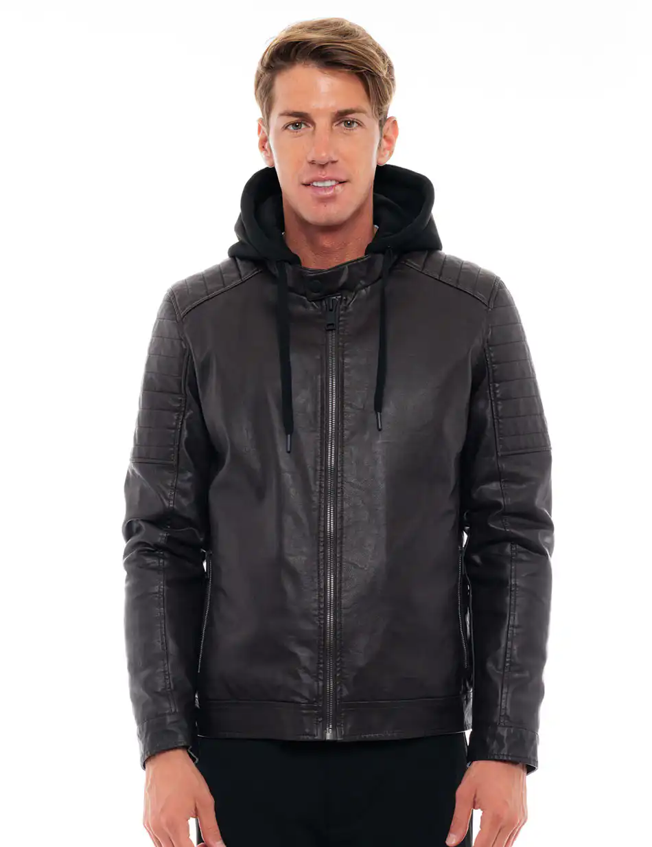 Biston fashion ανδρικό κοντό πανωφόρι από συνθετική δερματίνη 48-201-075C BROWN