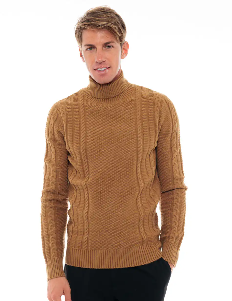 Biston fashion ανδρική πλεκτή μπλούζα με ψηλό γιακά 48-206-035 CAMEL