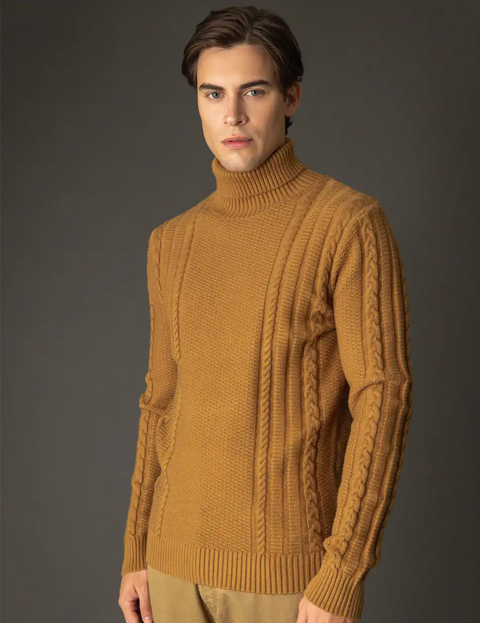 Biston fashion ανδρική πλεκτή μπλούζα με ψηλό γιακά 48-206-035 CAMEL