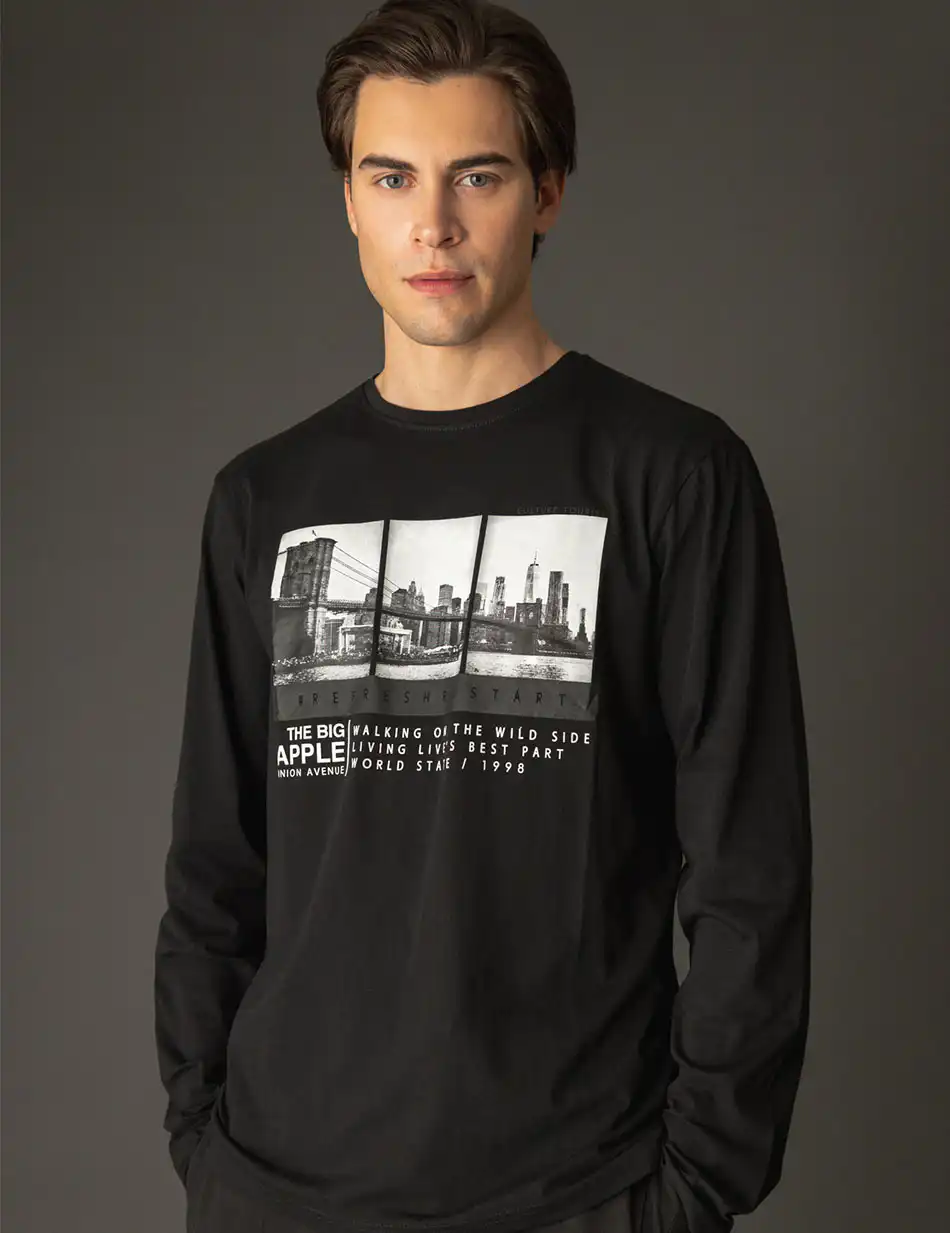 Smart fashion ανδρική μπλούζα με μακρύ μανίκι και τύπωμα 48-206-049 BLACK