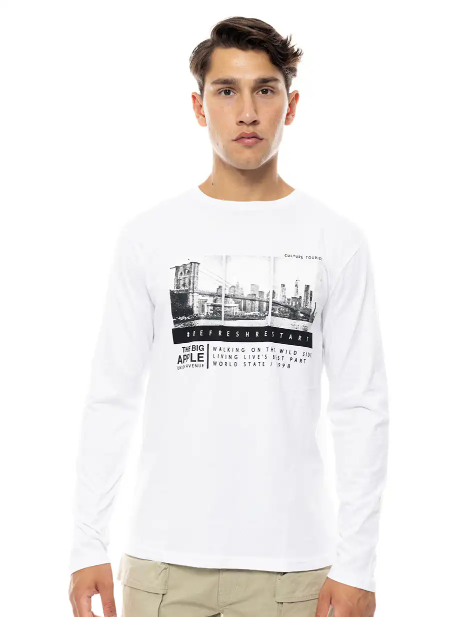 Smart fashion ανδρική μπλούζα με μακρύ μανίκι και τύπωμα 48-206-049 WHITE