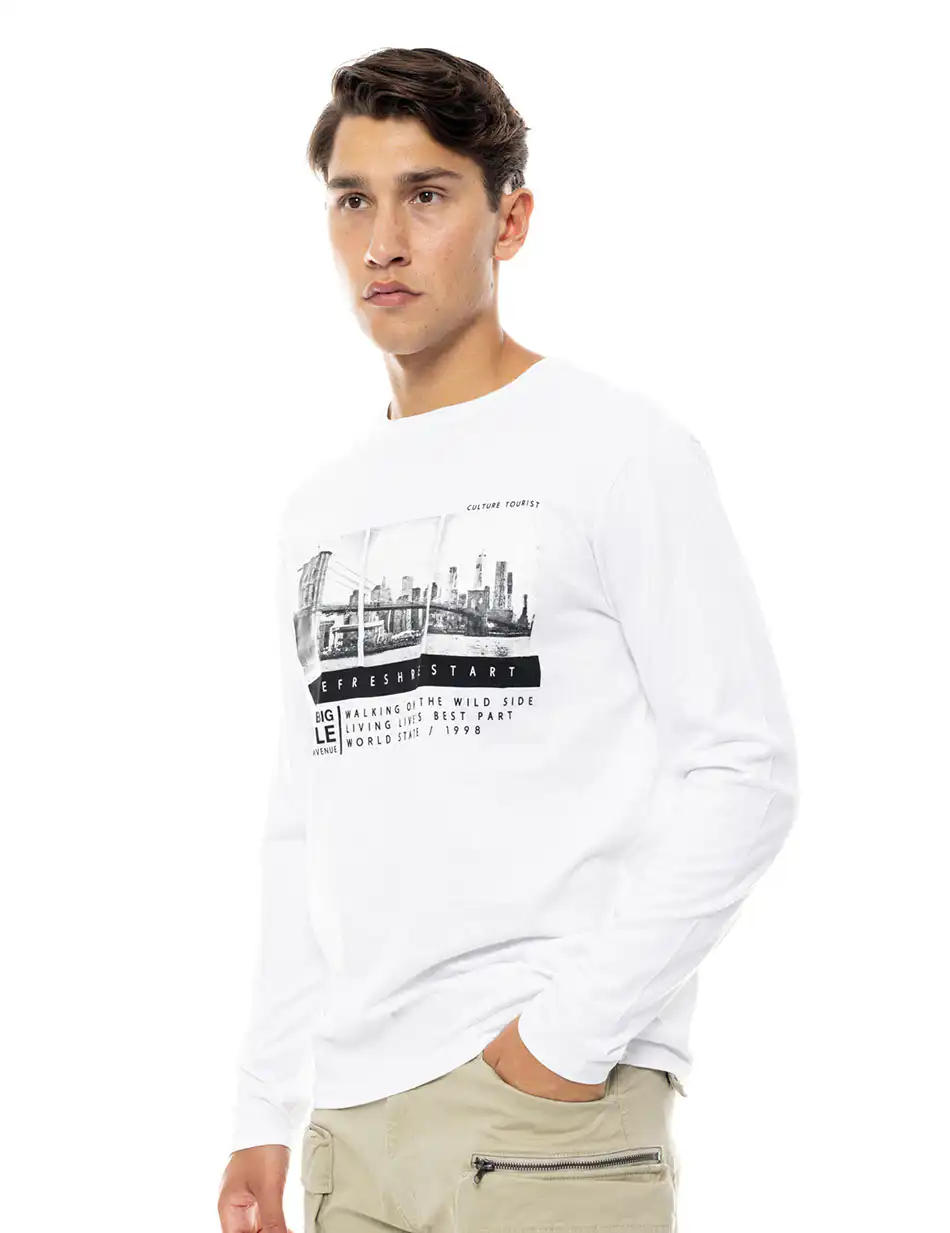 Smart fashion ανδρική μπλούζα με μακρύ μανίκι και τύπωμα 48-206-049 WHITE