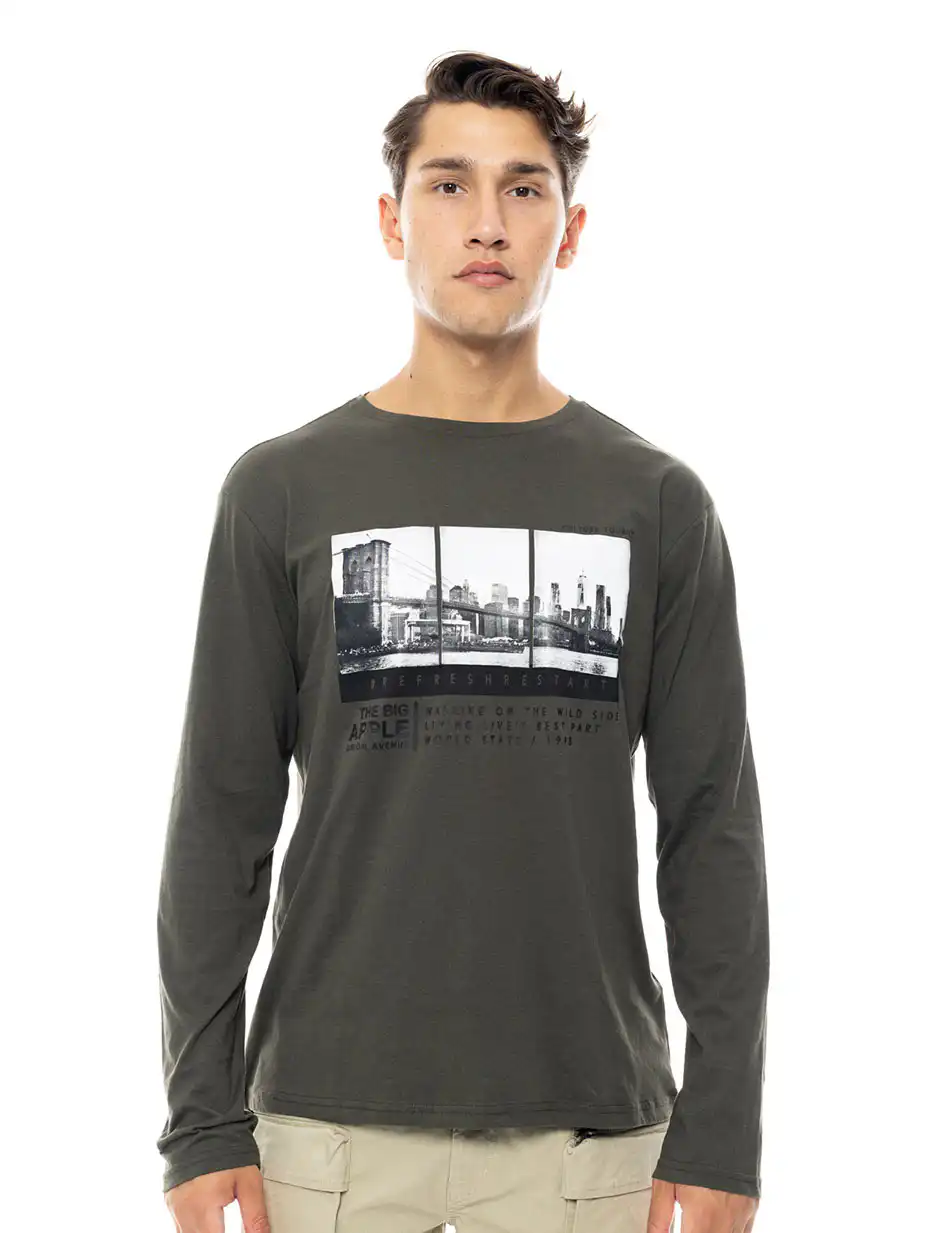Smart fashion ανδρική μπλούζα με μακρύ μανίκι και τύπωμα 48-206-049 DK GREEN