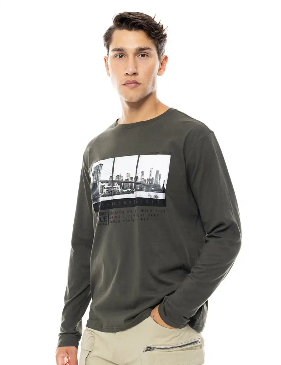 Smart fashion ανδρική μπλούζα με μακρύ μανίκι και τύπωμα 48-206-049 DK GREEN