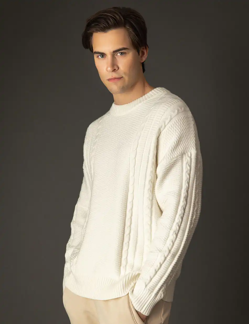 Biston fashion ανδρική πλεκτή μπλούζα με στρογγυλό λαιμό 48-206-050 OFF WHITE