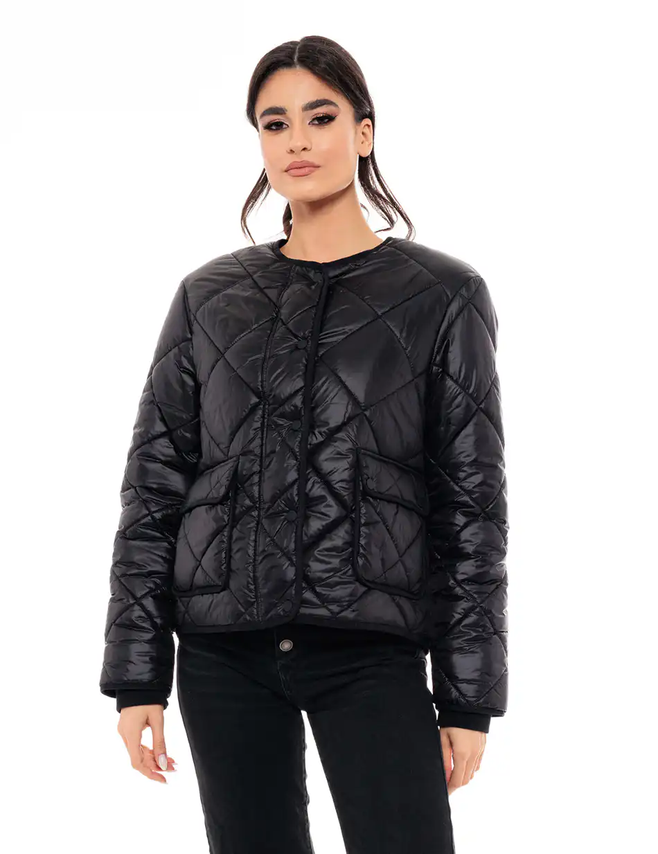 Biston fashion γυναικείο κοντό μπουφάν χωρίς γιακά 49-101-002 BLACK