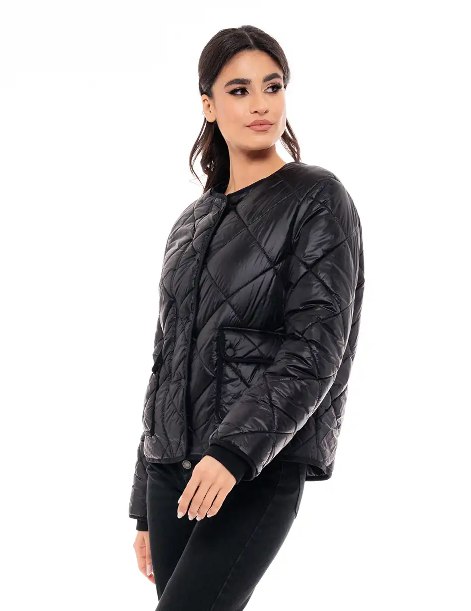 Biston fashion γυναικείο κοντό μπουφάν χωρίς γιακά 49-101-002 BLACK