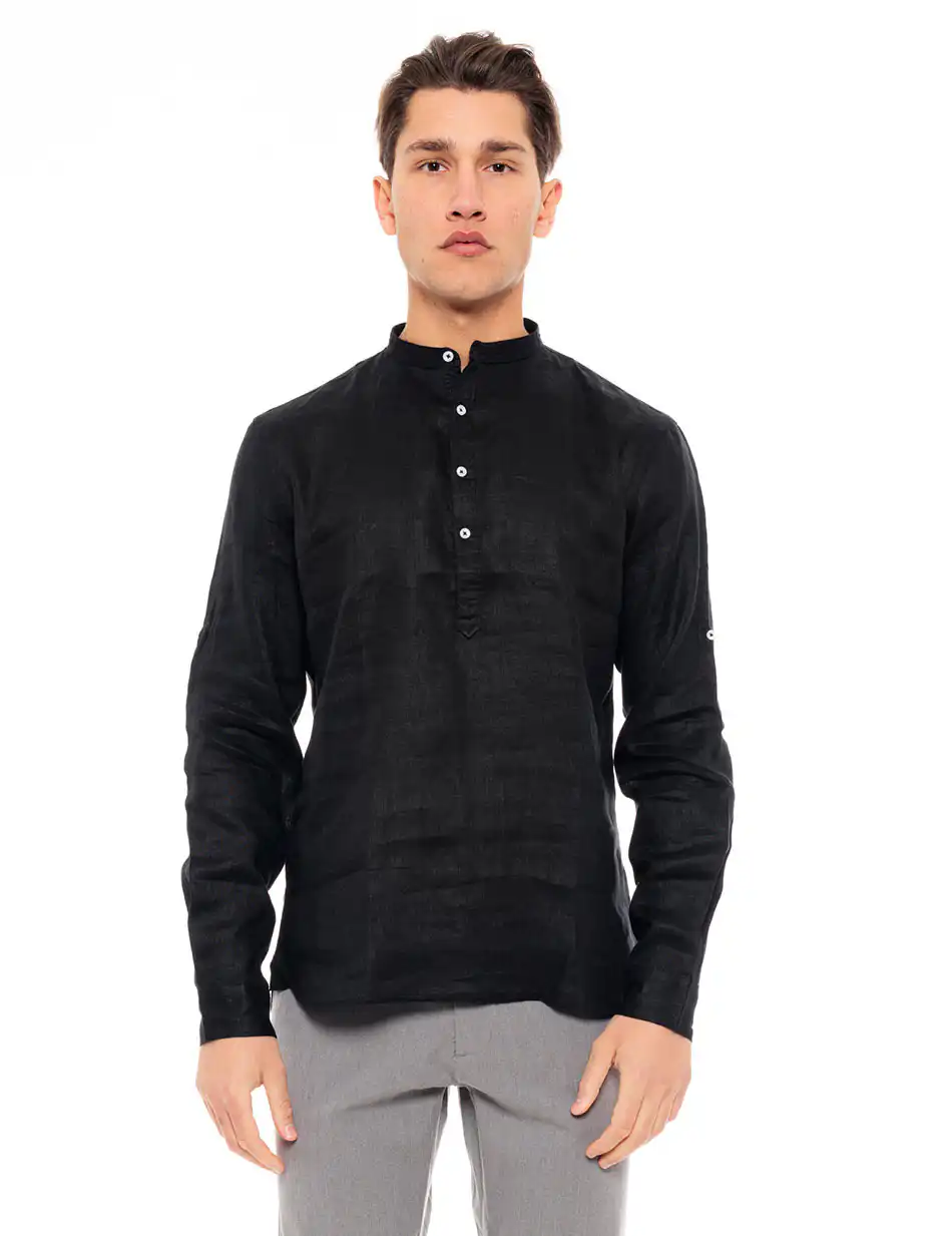 Smart fashion ανδρική λινή μπλούζα με mao γιακά 49-203-001 BLACK