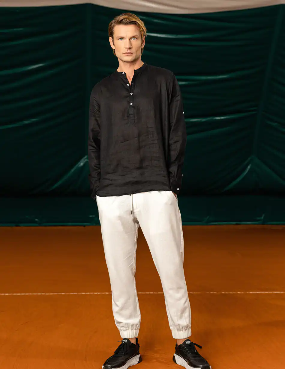 Smart fashion ανδρική λινή μπλούζα με mao γιακά 49-203-001 BLACK