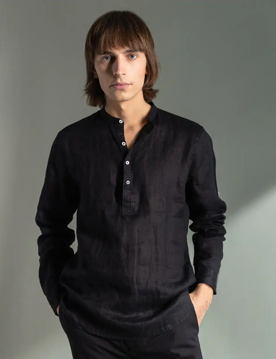 Smart fashion ανδρική λινή μπλούζα με mao γιακά 49-203-001 BLACK