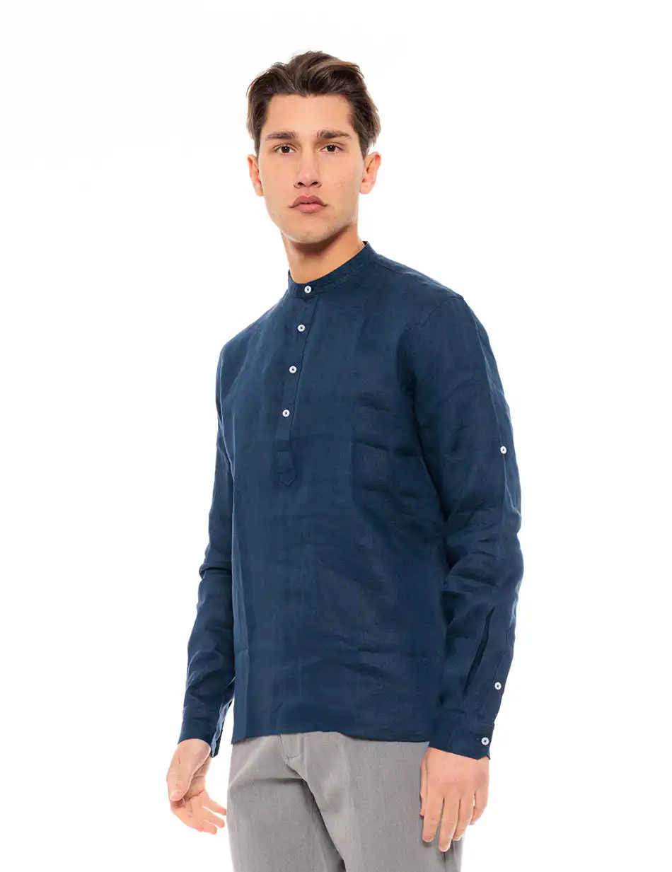 Smart fashion ανδρική λινή μπλούζα με mao γιακά 49-203-001 INDIGO