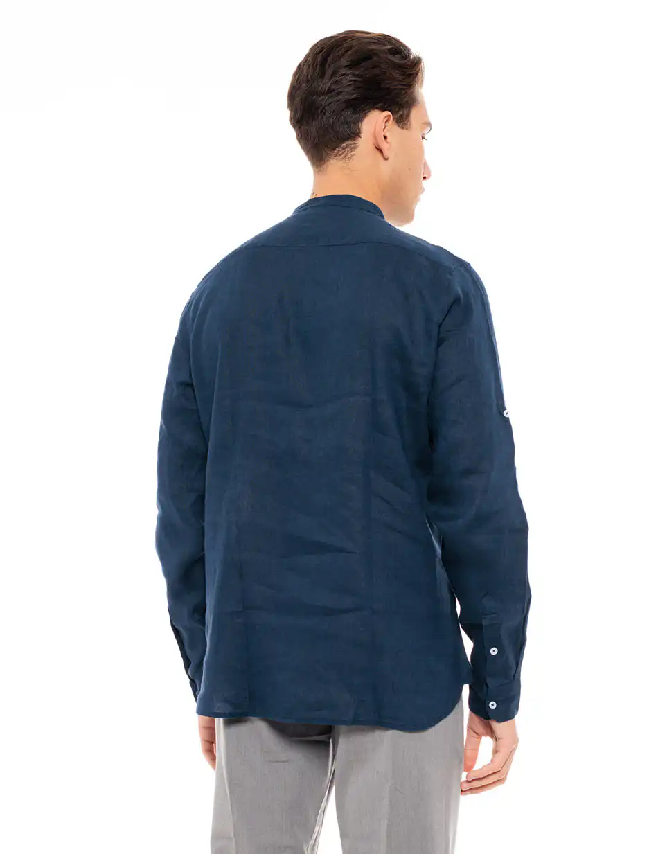 Smart fashion ανδρική λινή μπλούζα με mao γιακά 49-203-001 INDIGO