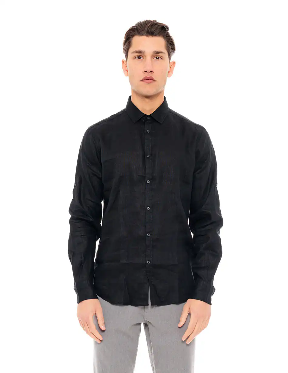Smart fashion ανδρικό λινό πουκάμισο 49-203-003 BLACK