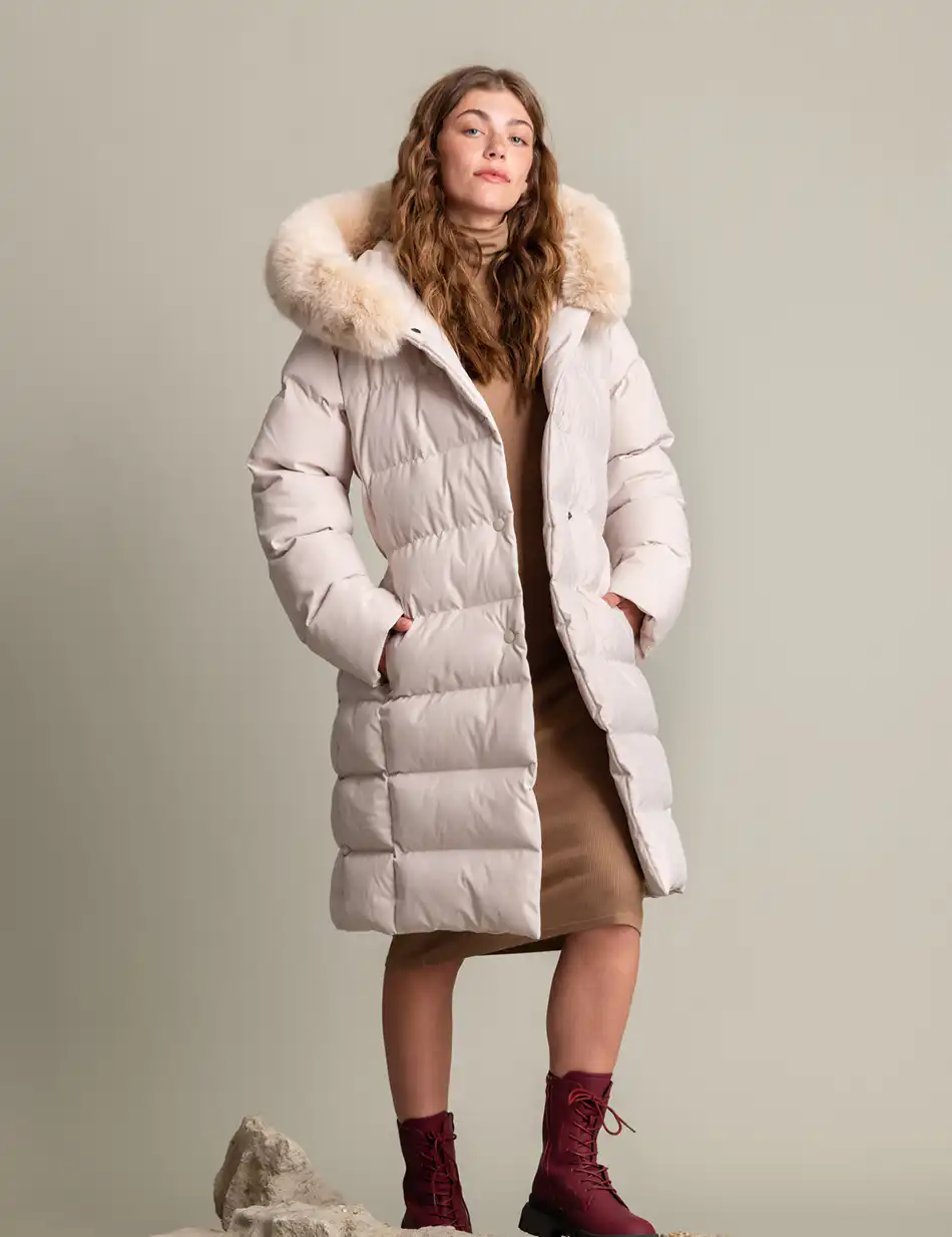 Biston fashion γυναικείο μακρύ μπουφάν με ενσωματωμένη κουκούλα 50-101-009 LT BEIGE