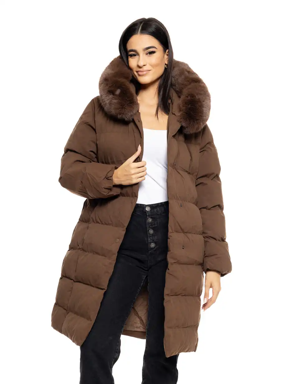 Biston fashion γυναικείο μακρύ μπουφάν με ενσωματωμένη κουκούλα 50-101-009 COFFEE