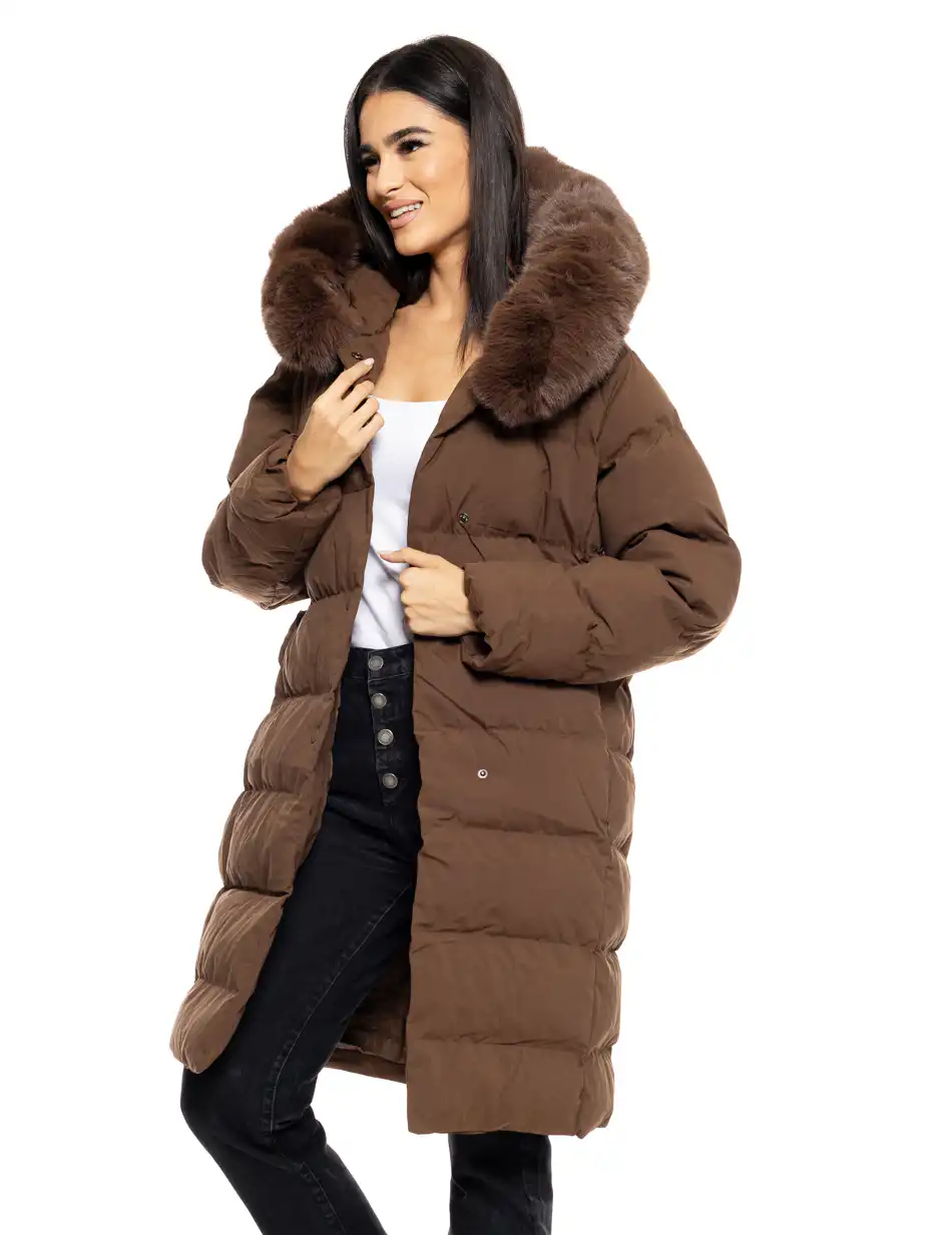 Biston fashion γυναικείο μακρύ μπουφάν με ενσωματωμένη κουκούλα 50-101-009 COFFEE