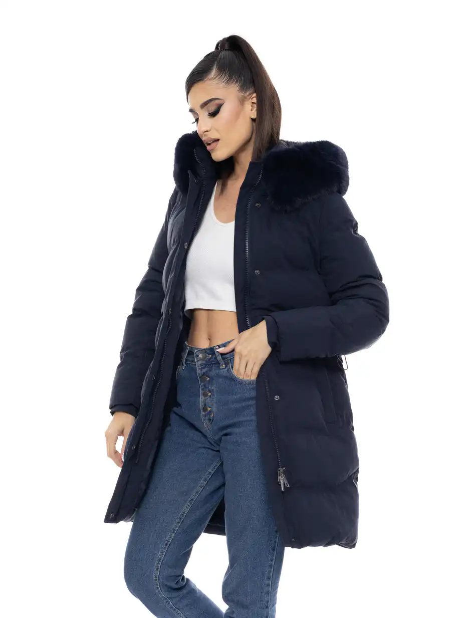 Biston fashion γυναικείο μακρύ μπουφάν με αποσπώμενη κουκούλα 50-101-056 NAVY