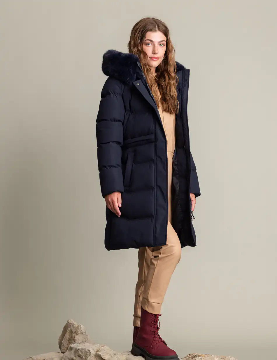 Biston fashion γυναικείο μακρύ μπουφάν με αποσπώμενη κουκούλα 50-101-056 NAVY