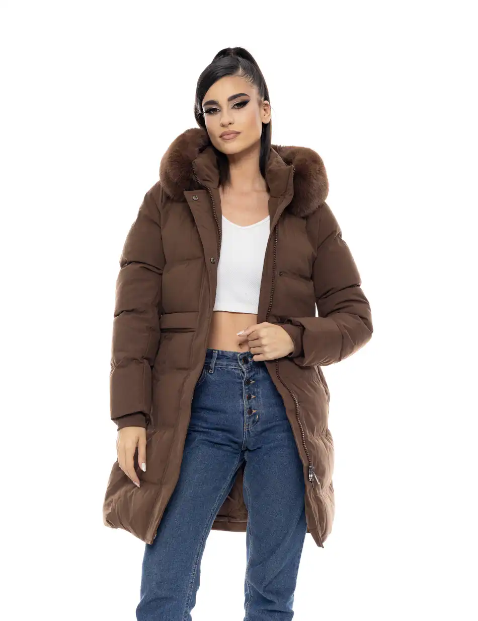 Biston fashion γυναικείο μακρύ μπουφάν με αποσπώμενη κουκούλα 50-101-056 COFFEE