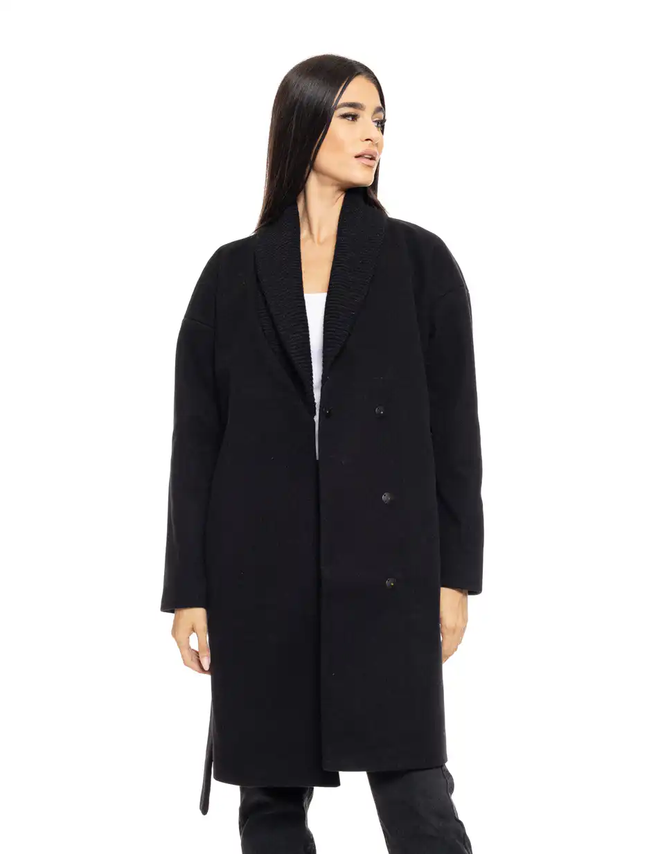 Splendid fashion γυναικείο μακρύ παλτό με πλεκτό γιακά 50-101-078 BLACK