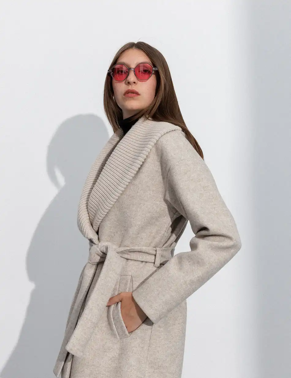 Splendid fashion γυναικείο μακρύ παλτό με πλεκτό γιακά 50-101-078 LT BEIGE