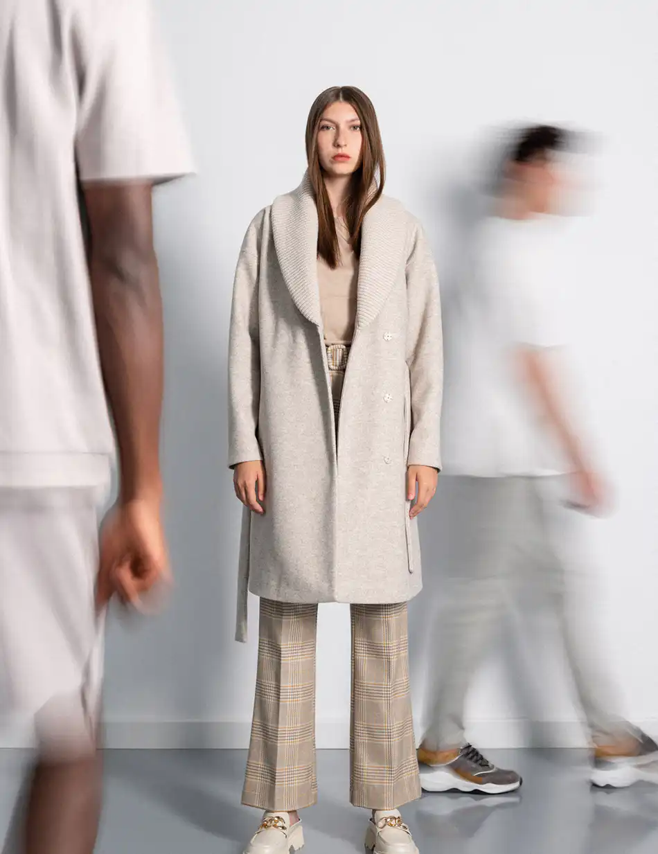 Splendid fashion γυναικείο μακρύ παλτό με πλεκτό γιακά 50-101-078 LT BEIGE