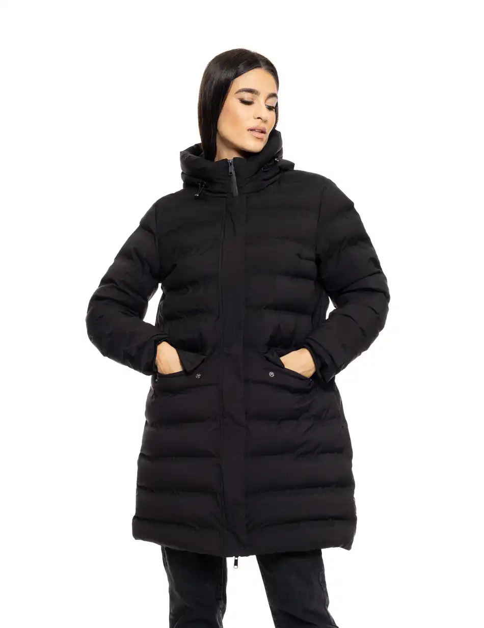 Splendid fashion γυναικείο μακρύ μπουφάν με ενσωματωμένη κουκούλα 50-101-105 BLACK