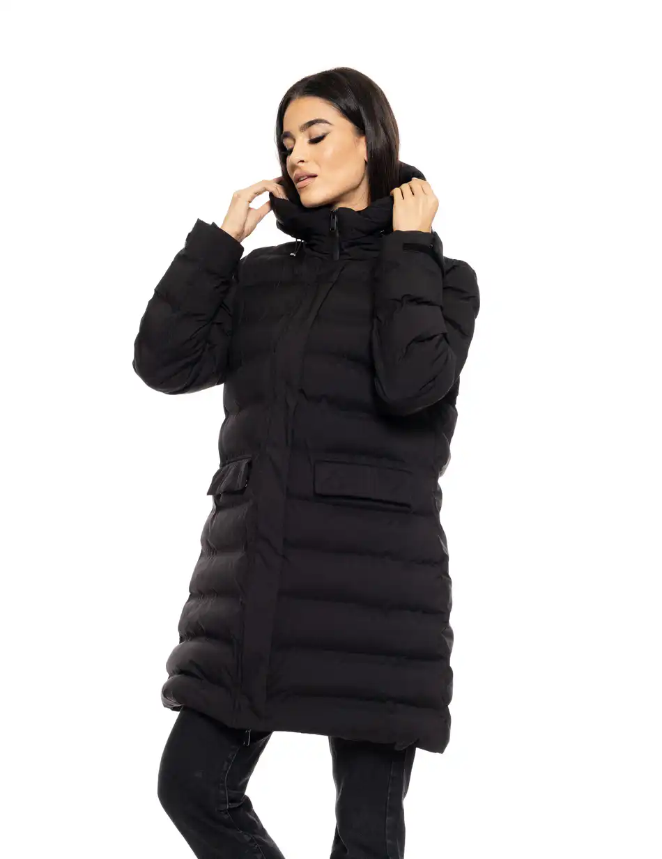 Splendid fashion γυναικείο μακρύ μπουφάν με ενσωματωμένη κουκούλα 50-101-105 BLACK