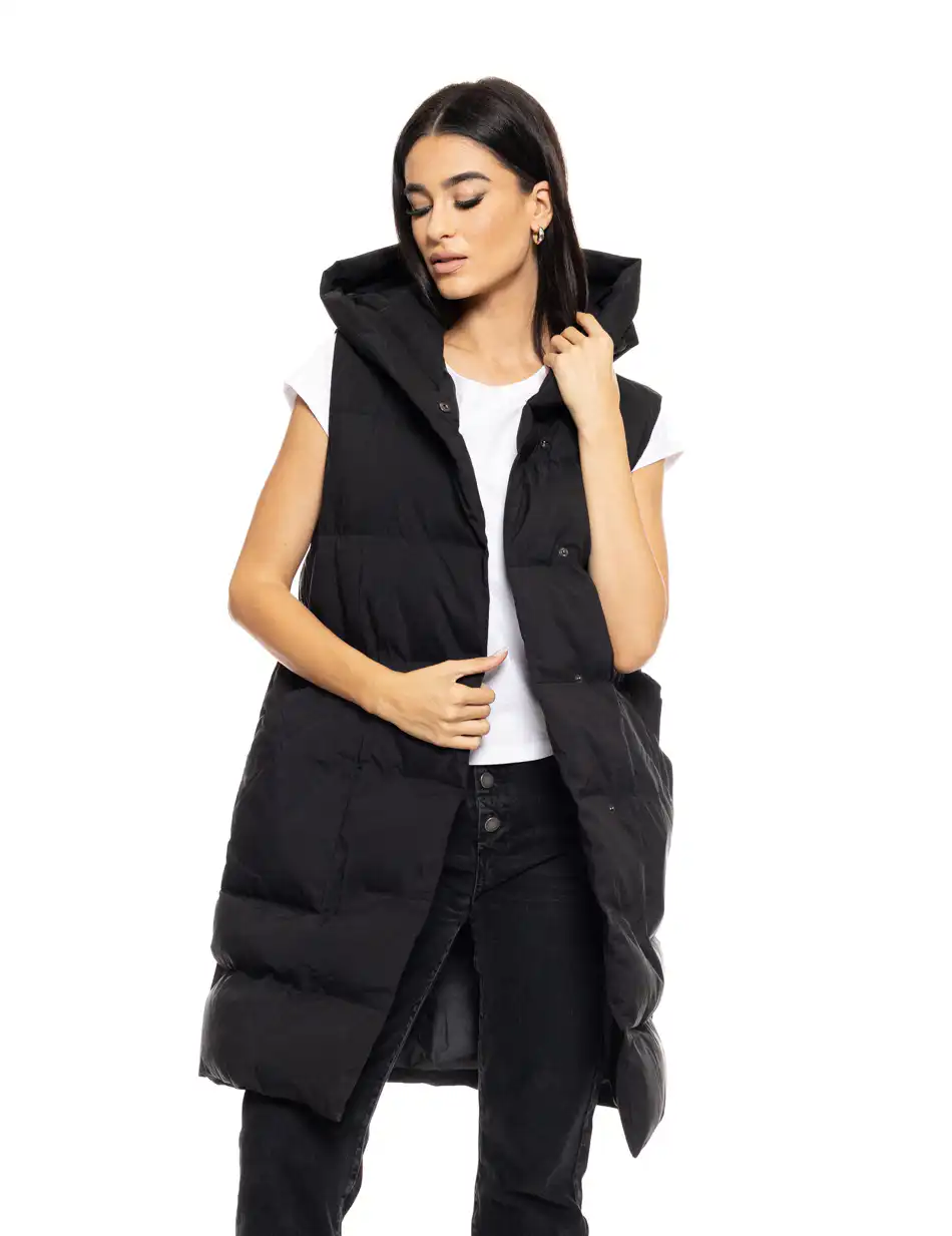 Biston fashion γυναικείο μακρύ αμάνικο μπουφάν με ενσωματωμένη κουκούλα 50-102-010 BLACK