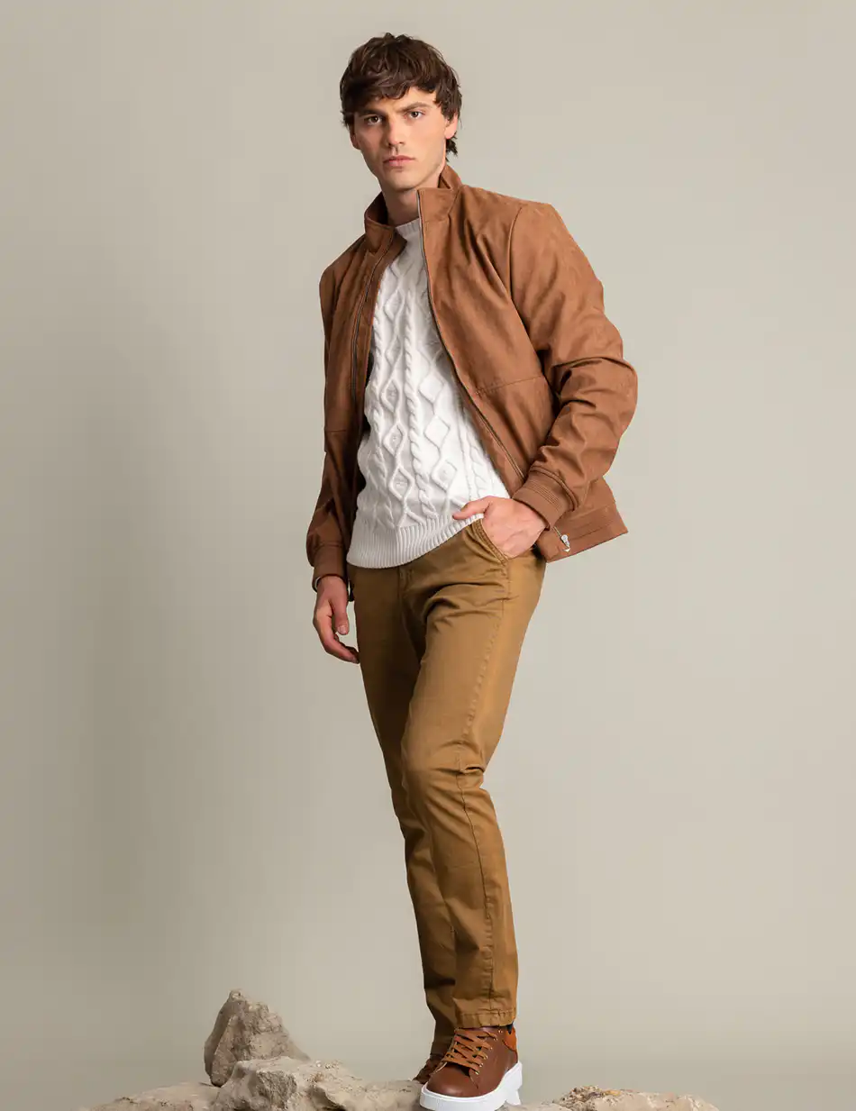 Biston fashion ανδρικό κοντό bomber από δερματίνη/ suede 50-201-105 BROWN