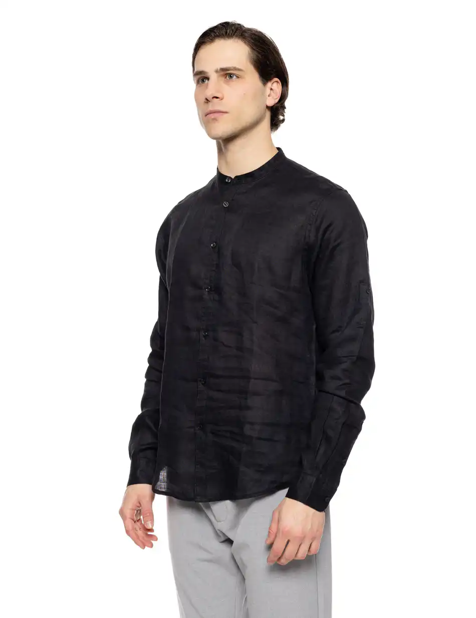Smart fashion ανδρικό λινό πουκάμισο με mao γιακά 51-203-001 BLACK