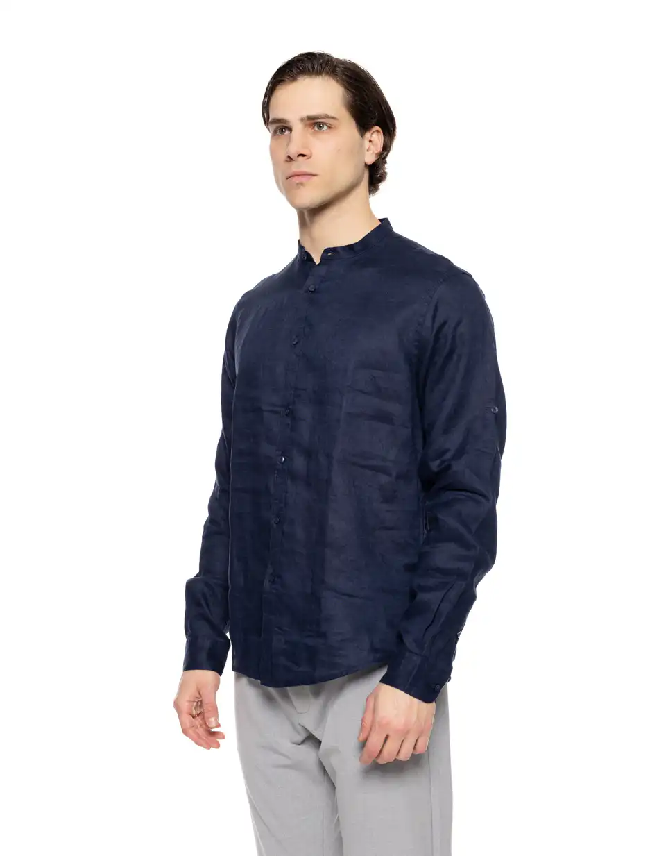 Smart fashion ανδρικό λινό πουκάμισο με mao γιακά 51-203-001 NAVY