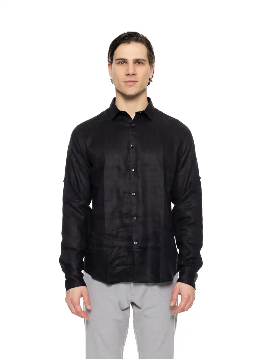 Smart fashion ανδρικό λινό πουκάμισο με γιακά 51-203-002 BLACK