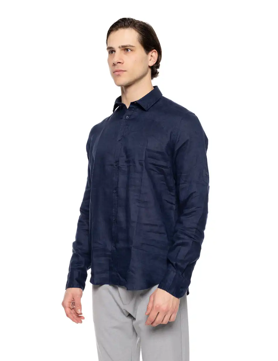 Smart fashion ανδρικό λινό πουκάμισο με γιακά 51-203-002 NAVY