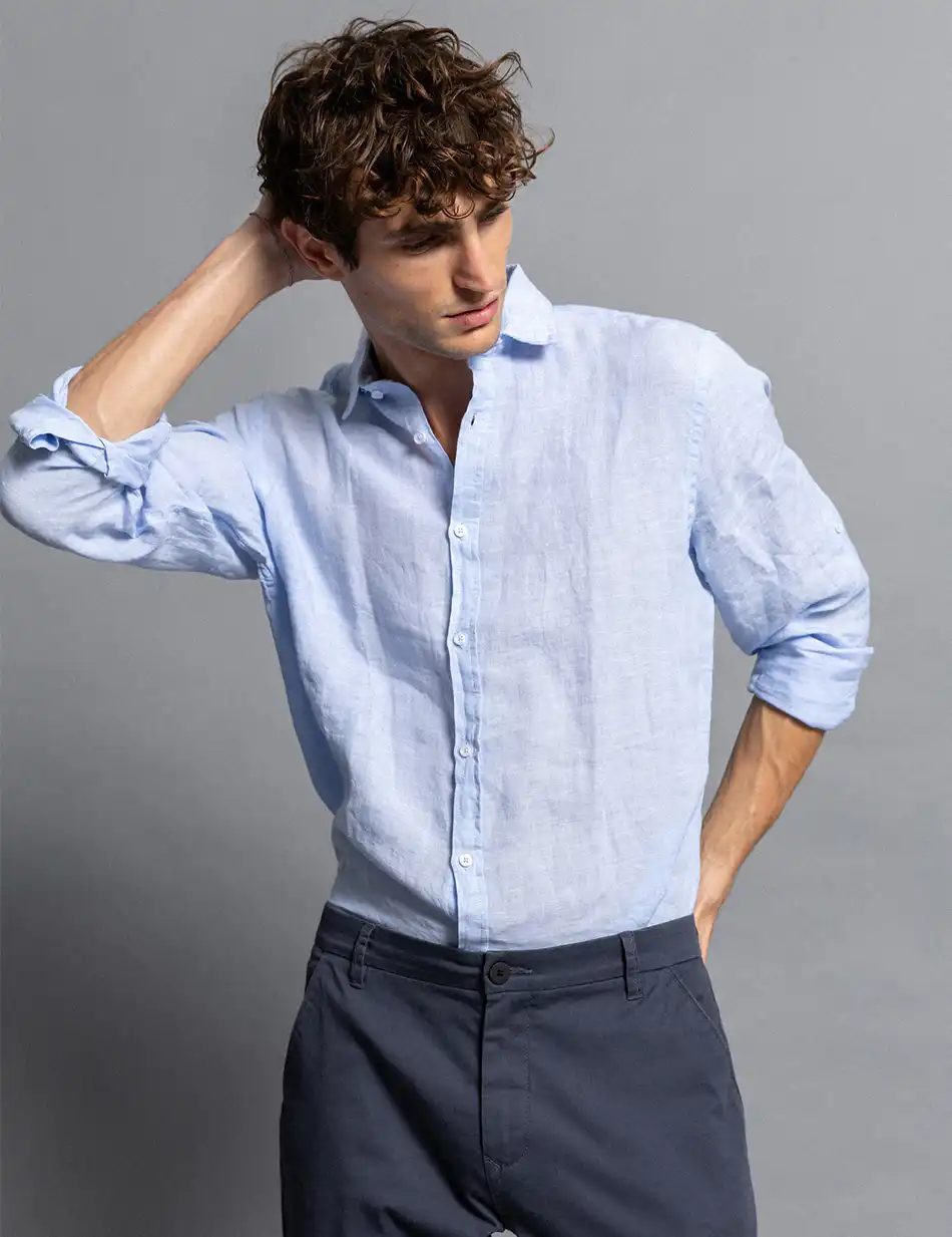 Smart fashion ανδρικό λινό πουκάμισο με γιακά 51-203-002 SKY BLUE