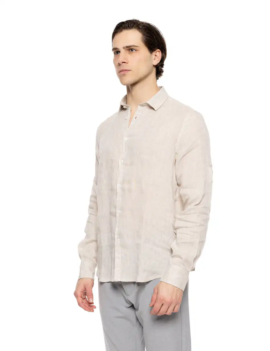 Smart fashion ανδρικό λινό πουκάμισο με γιακά 51-203-002 BEIGE