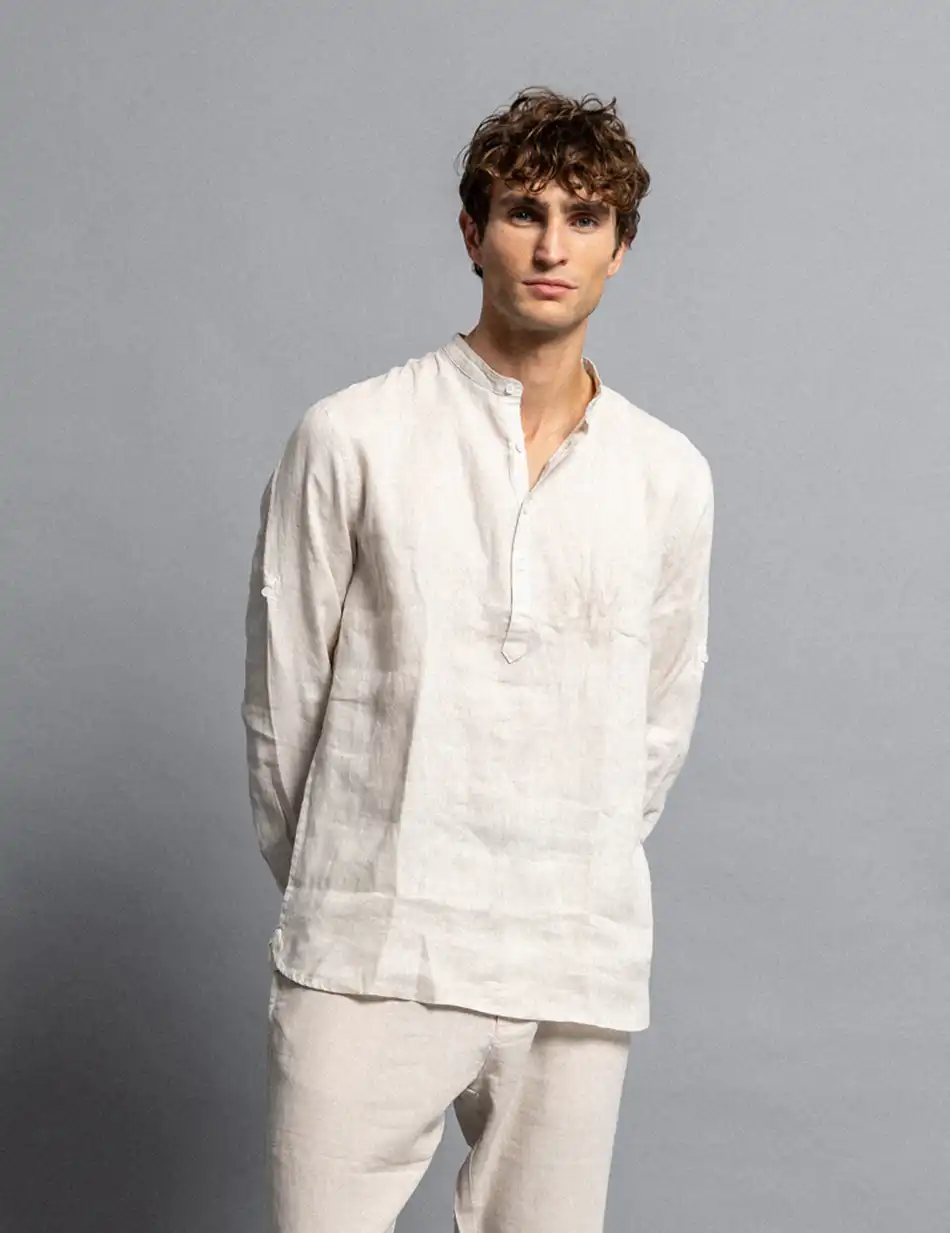 Smart fashion ανδρική λινή μπλούζα με mao γιακά 51-203-003 WHITE