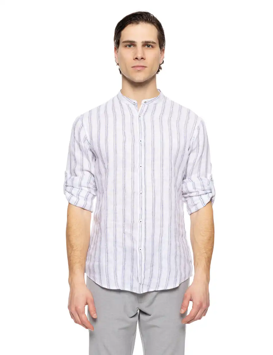 Smart fashion ανδρικό ριγέ λινό πουκάμισο με mao γιακά 51-203-004 WHITE STRIPED