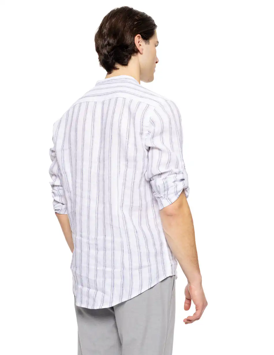 Smart fashion ανδρικό ριγέ λινό πουκάμισο με mao γιακά 51-203-004 WHITE STRIPED