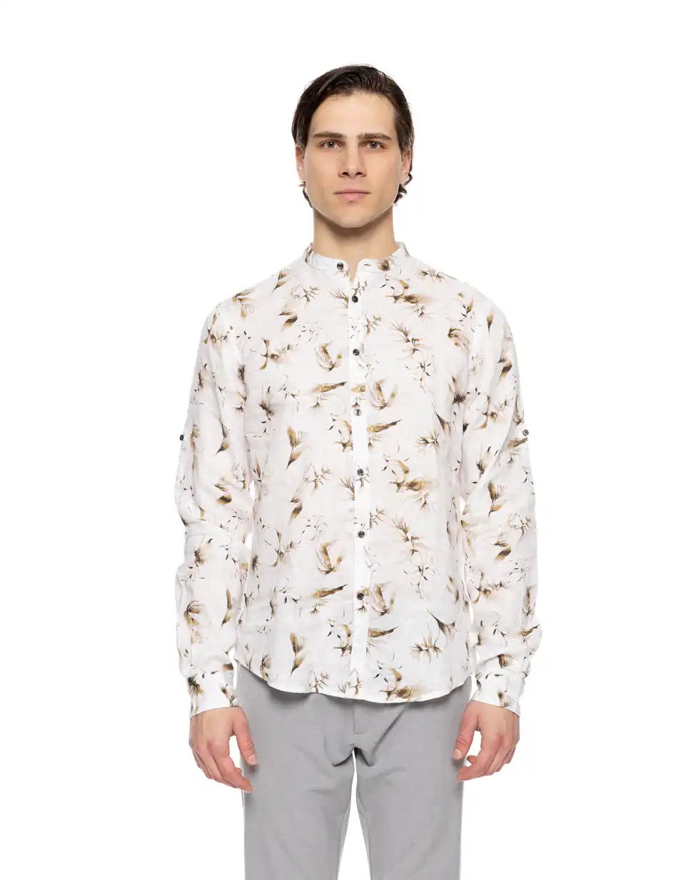 Smart fashion ανδρικό allover λινό πουκάμισο με mao γιακά 51-203-005 WHITE ALLOVER
