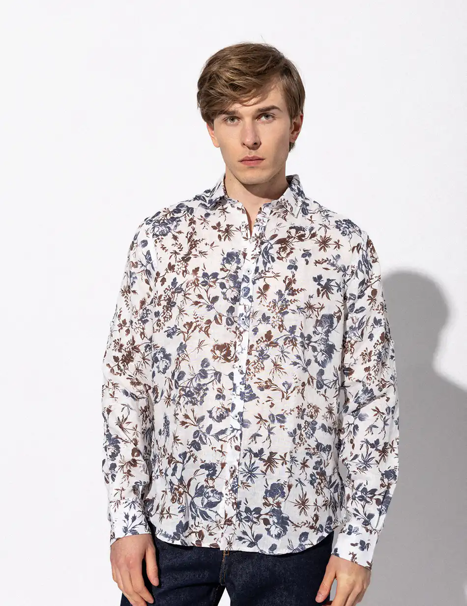 Smart fashion ανδρικό allover λινό πουκάμισο με γιακά 51-203-006 OFF WHITE ALLOVER