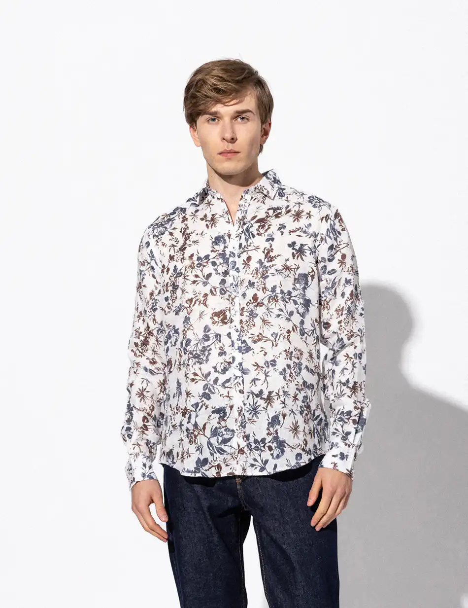 Smart fashion ανδρικό allover λινό πουκάμισο με γιακά 51-203-006 OFF WHITE ALLOVER