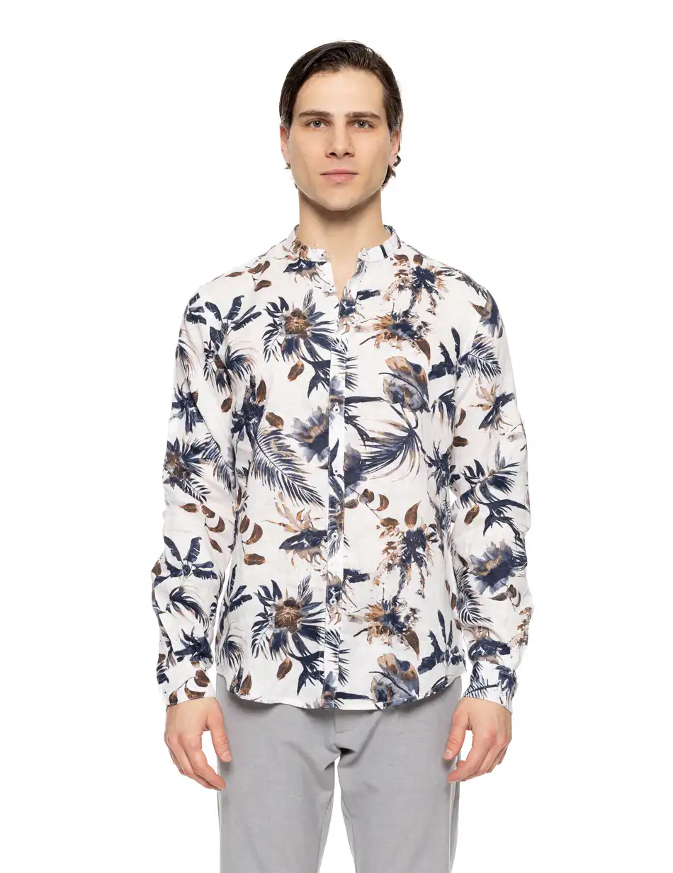 Smart fashion ανδρικό allover λινό πουκάμισο με mao γιακά 51-203-007 WHITE ALLOVER