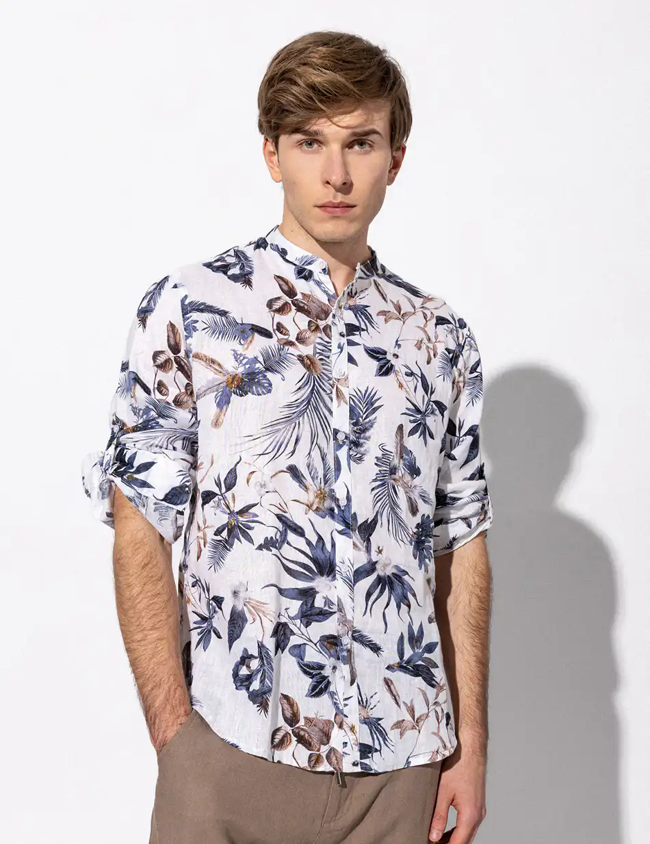 Smart fashion ανδρικό allover λινό πουκάμισο με mao γιακά 51-203-007 WHITE ALLOVER